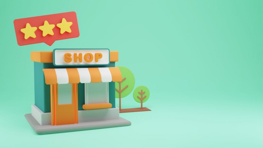 A 3D illustration of a small shop with a striped orange and white awning, trees on the side, and a three-star rating icon above, set against a green background.