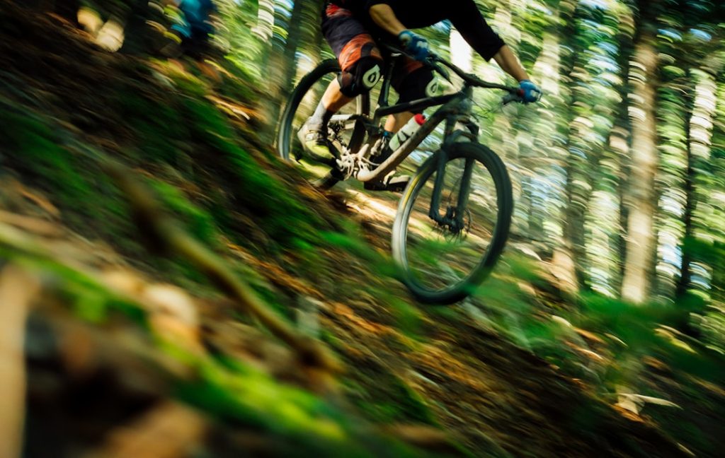 A person rides a mountain bike quickly down a forest trail, with motion blur capturing the speed and dynamic movement among trees and greenery.