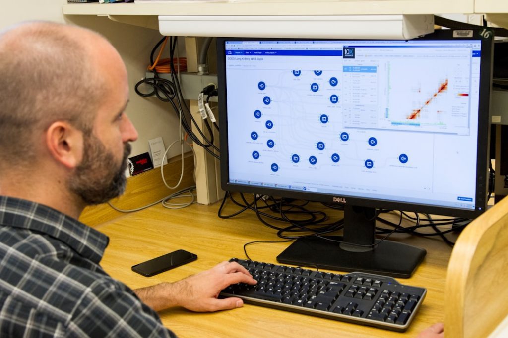 A man with a beard sits at a wooden desk, using a computer. The monitor displays a data visualization with charts and nodes. A smartphone, keyboard, and mouse are on the desk beside him.