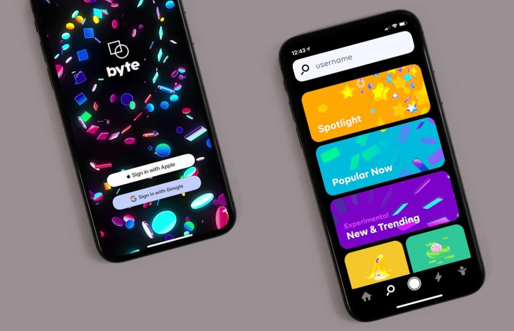 Two smartphones display colorful app screens; the left screen shows a byte login page with sign-in options, while the right screen shows a feed with categories like Spotlight, Popular Now, and Experimental New & Trending.