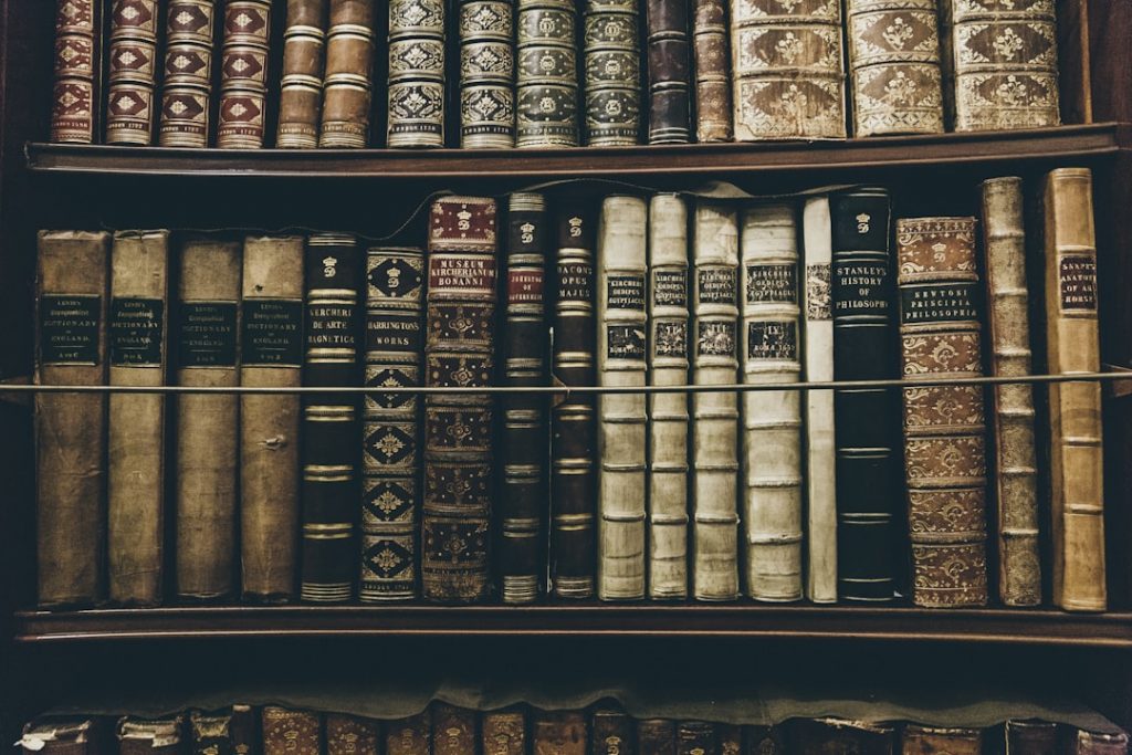A close-up of shelves filled with old, ornate leather-bound books with intricate gold detailing, arranged neatly in a library setting. Some books are held in place by a thin rope.