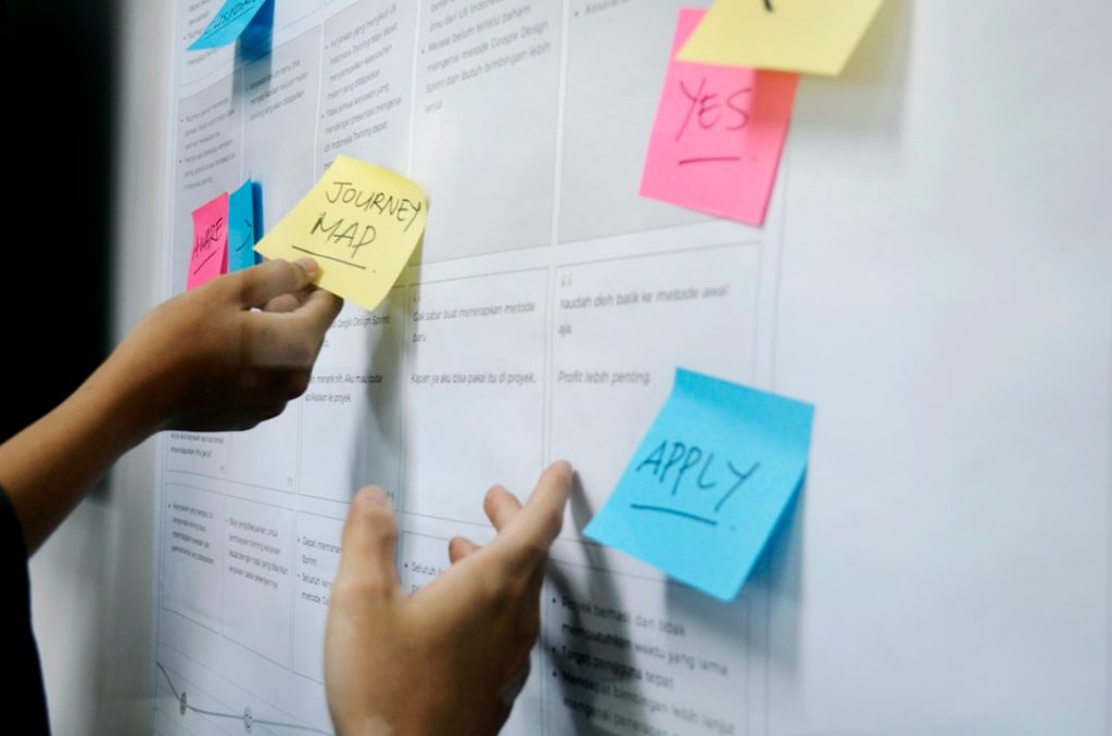 Two people place colorful sticky notes labeled JOURNEY MAP, YES, and APPLY on a whiteboard covered with a printed chart or table, suggesting a collaborative planning or brainstorming session.