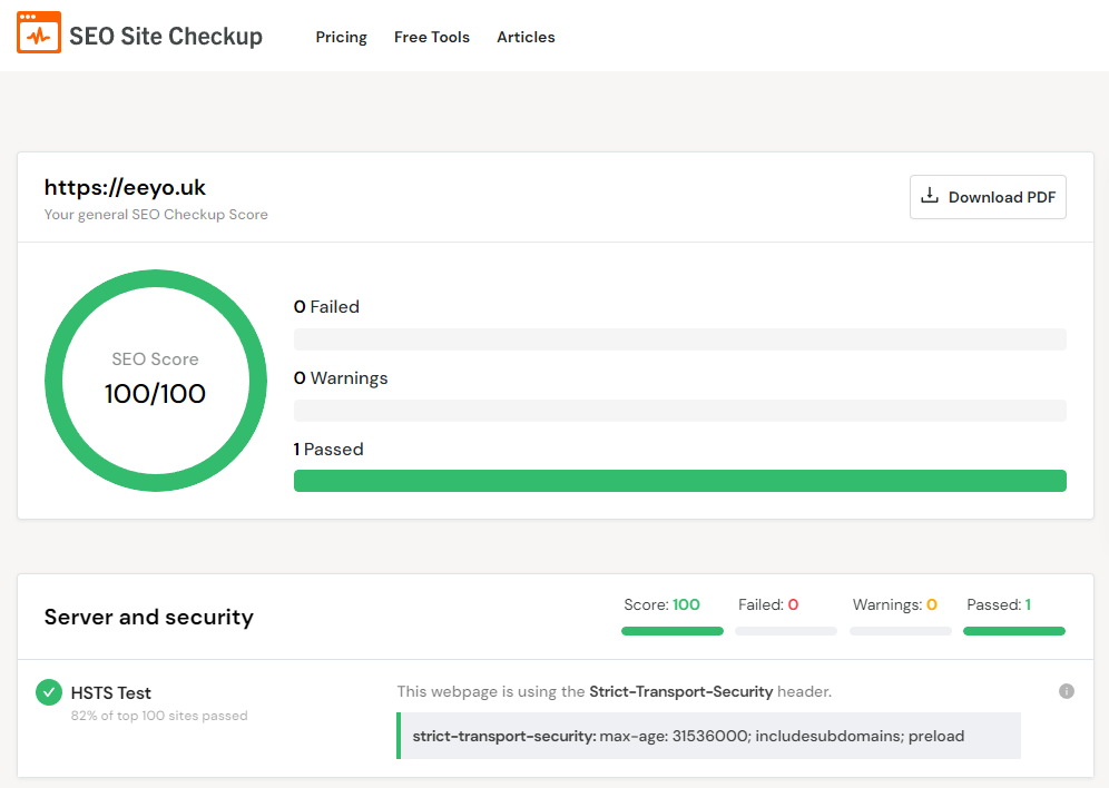 screen shot showing Eeyo.uk passes hsts headers