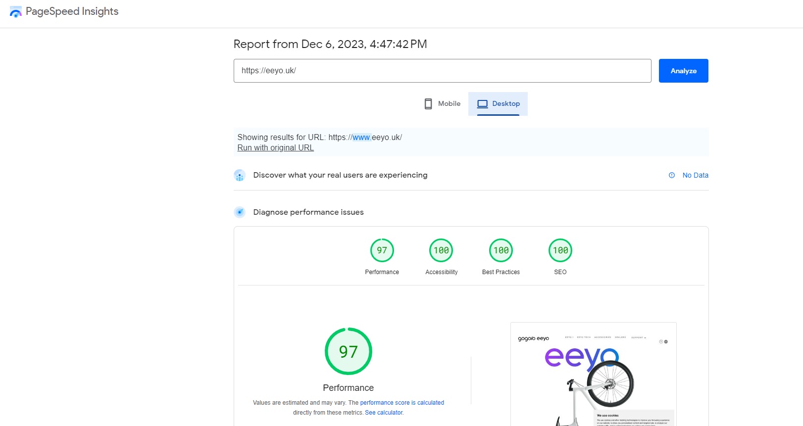 Page speed insights for Eeyo.uk desktop site