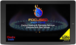 Image of Focused Heating website as viewed on a horizontal tablet